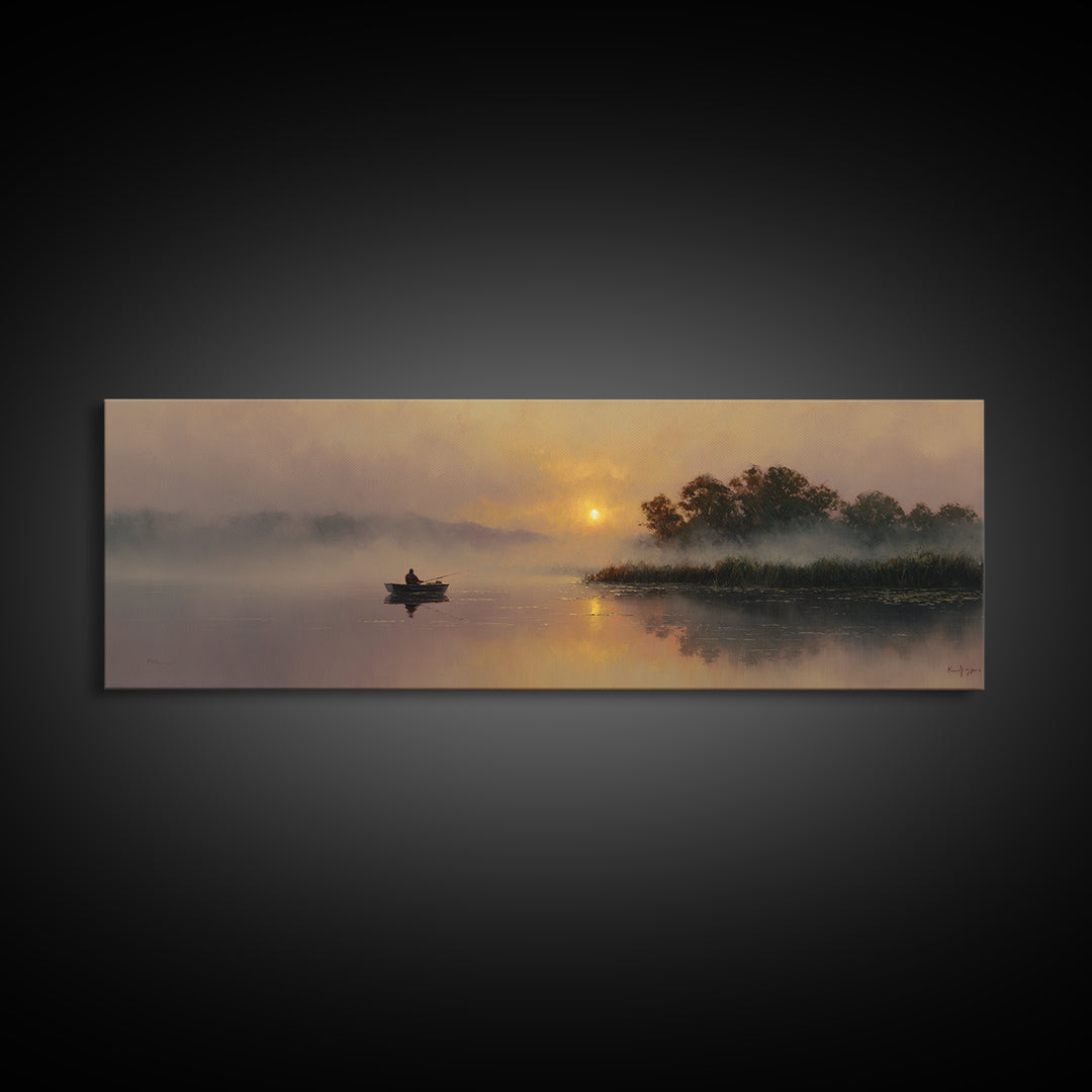 Misty Lake Sunrise With Rowboat Framed Canvas Print, Serene Marsh Landscape Wall Art, Rustic Nature Decor, Peaceful Art