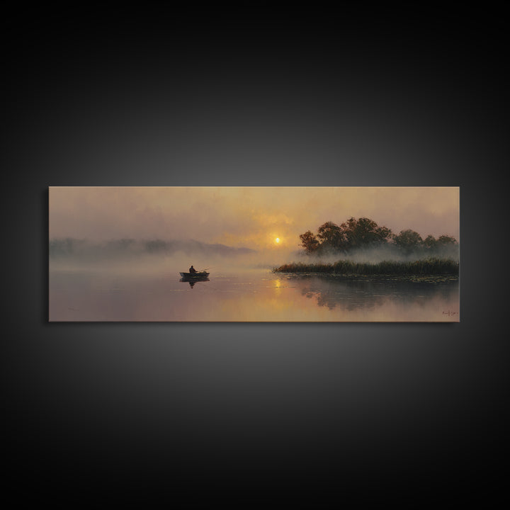 Misty Lake Sunrise With Rowboat Framed Canvas Print, Serene Marsh Landscape Wall Art, Rustic Nature Decor, Peaceful Art