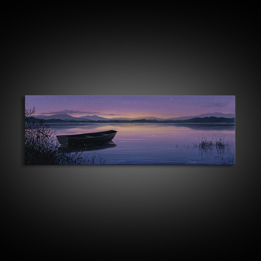 Twilight Lake Boat Framed Canvas Print, Starry Purple Mountain Landscape, Peaceful Cabin Wall Art For Cozy Bedroom Decor