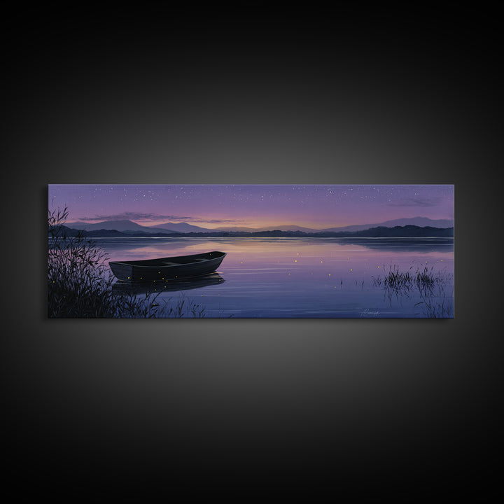 Twilight Lake Boat Framed Canvas Print, Starry Purple Mountain Landscape, Peaceful Cabin Wall Art For Cozy Bedroom Decor
