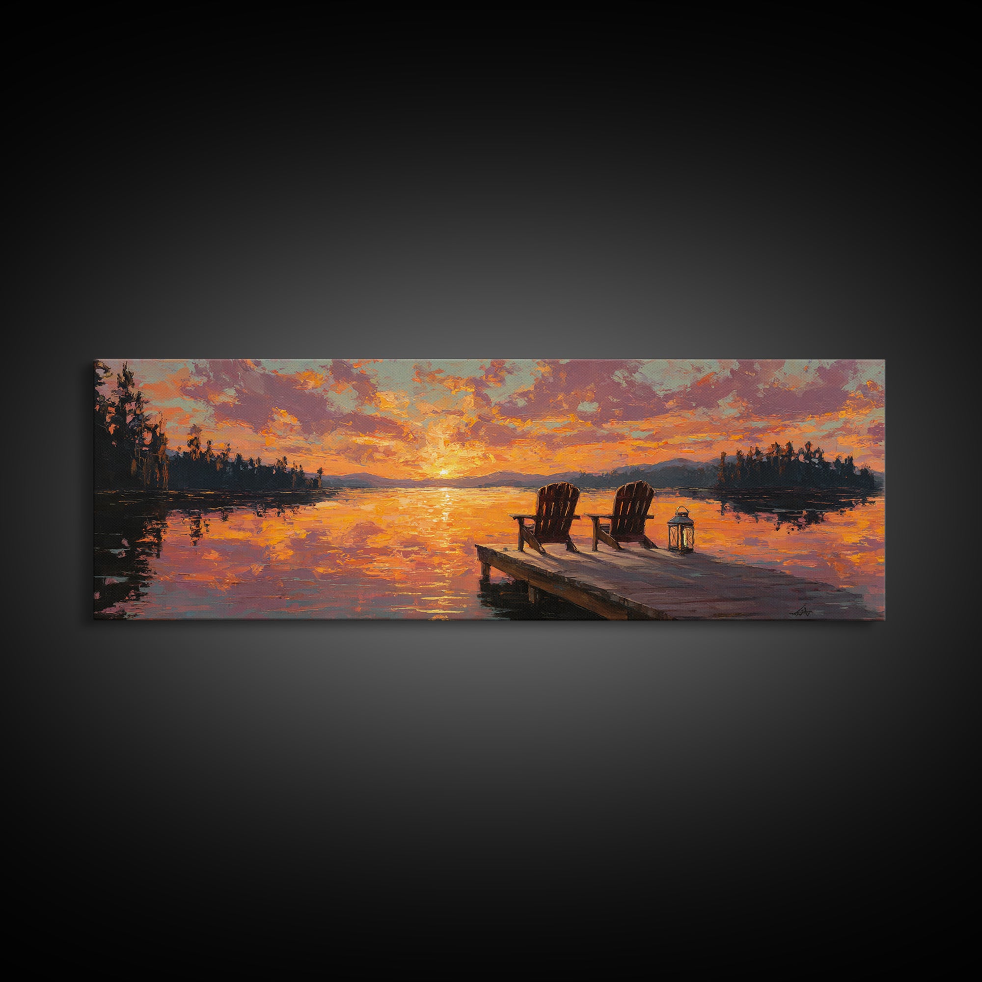 Sunset Lake Dock Chairs Wall Art, Panoramic Cabin Decor, Rustic Lake House Canvas Print, Above Bed Living Room Decor Gift
