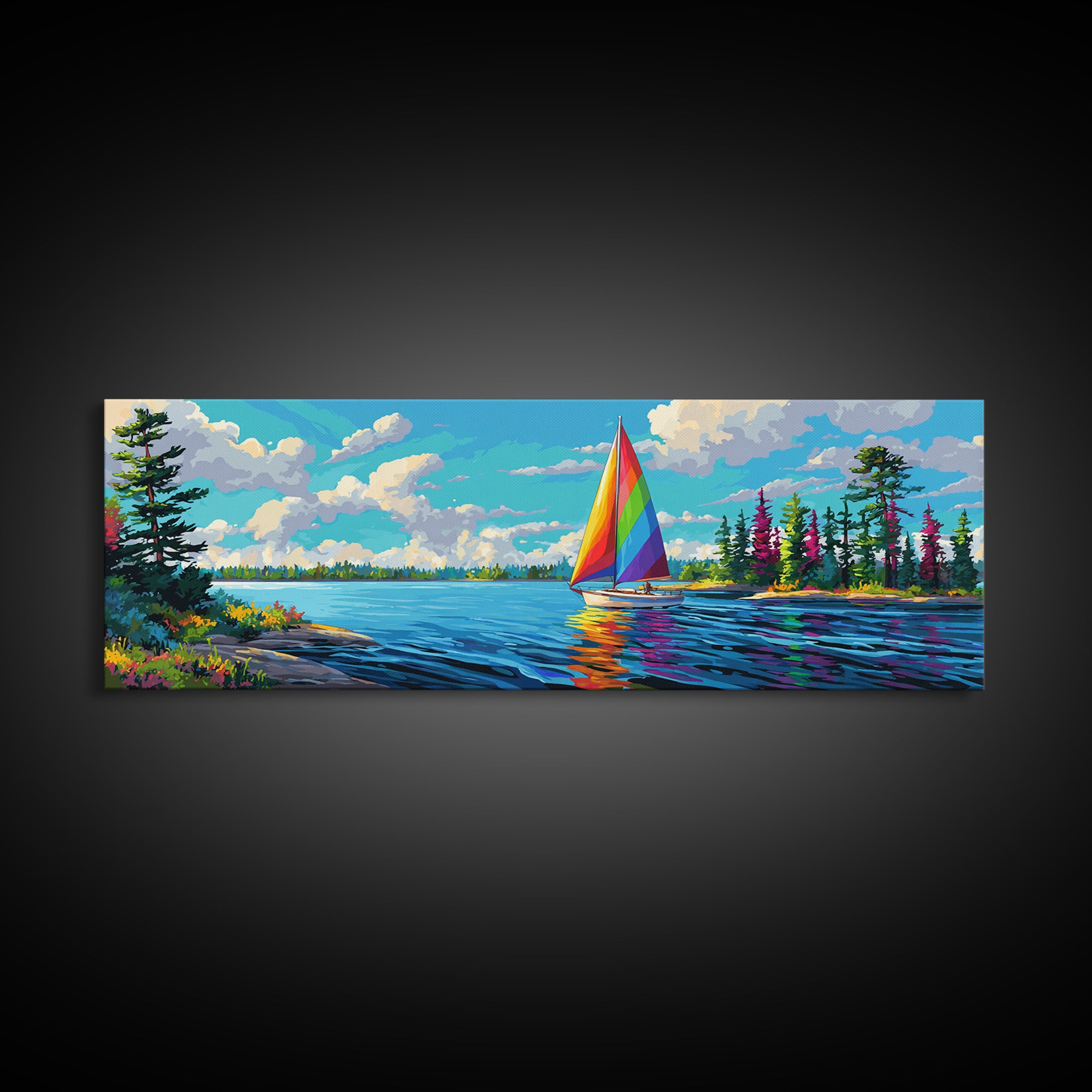Rainbow Sailboat On Blue Lake Canvas Print, Colorful Wall Art, Coastal Decor, Nautical Poster, Lake House Living Room Art