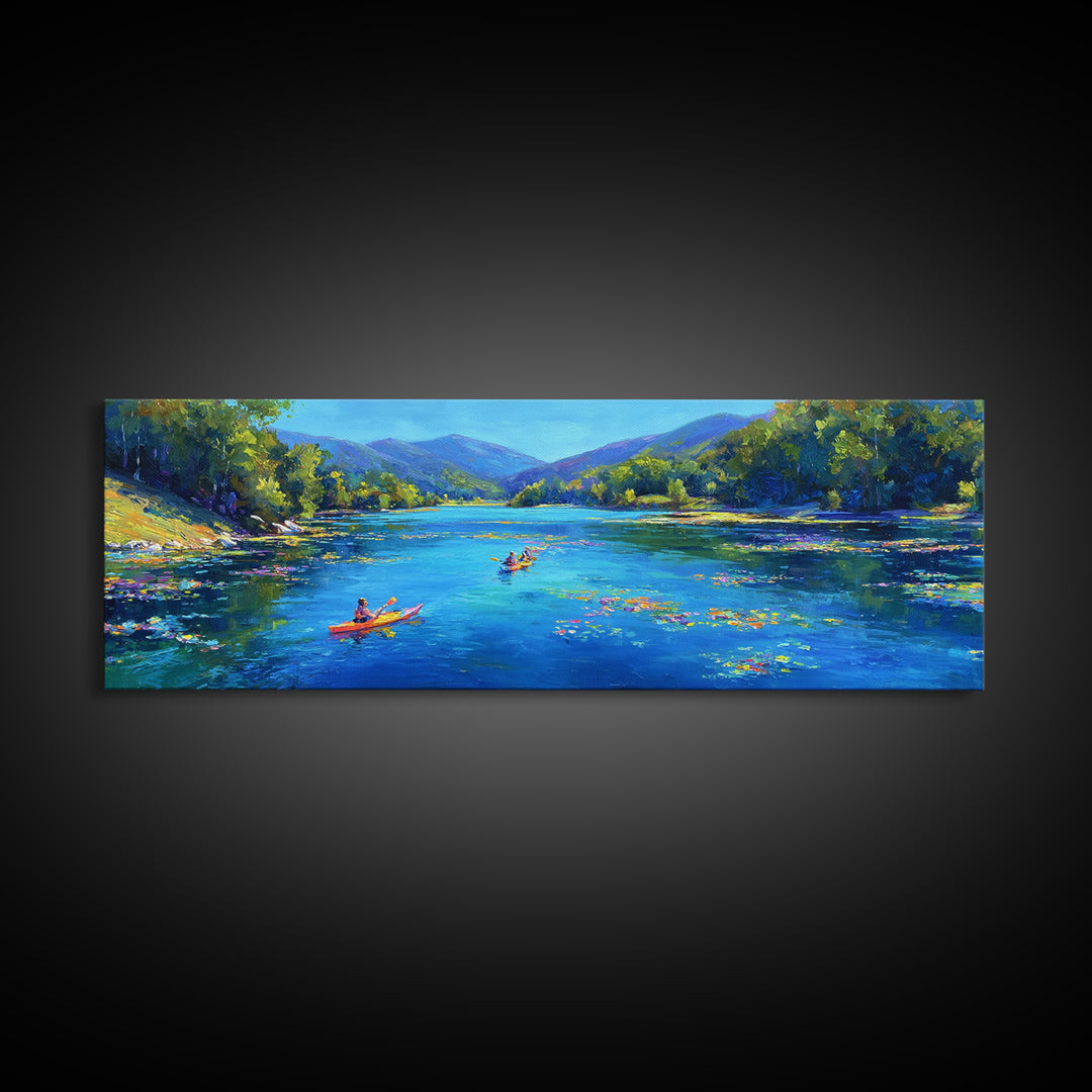 Kayakers On Blue Mountain River Wall Art, Panoramic Landscape Canvas Print, Nature Wall Decor, Living Room Art, Large Horizontal Home Decor