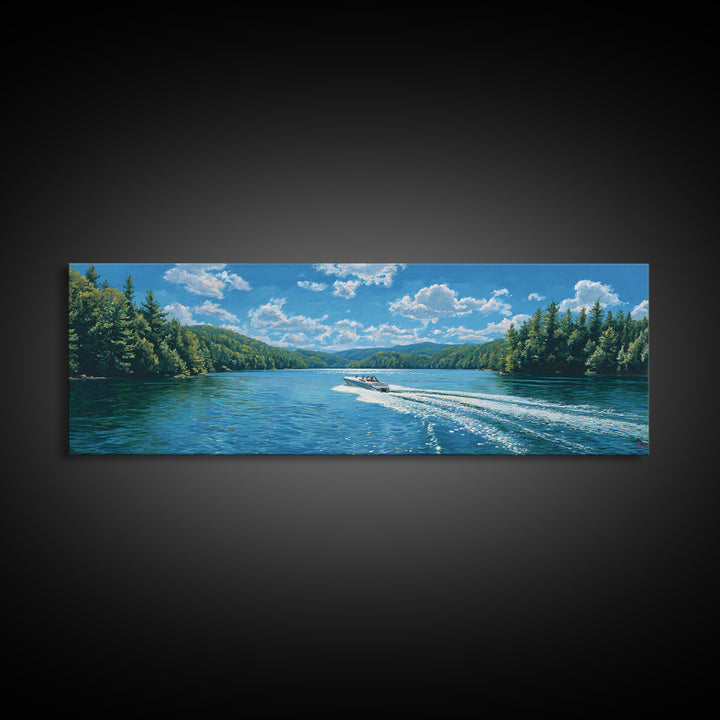 Pine Forest Lake Wall Art, Speedboat Wake Landscape Canvas Print, Lake House Decor, Nature Wall Decor, Large Wall Art Prints