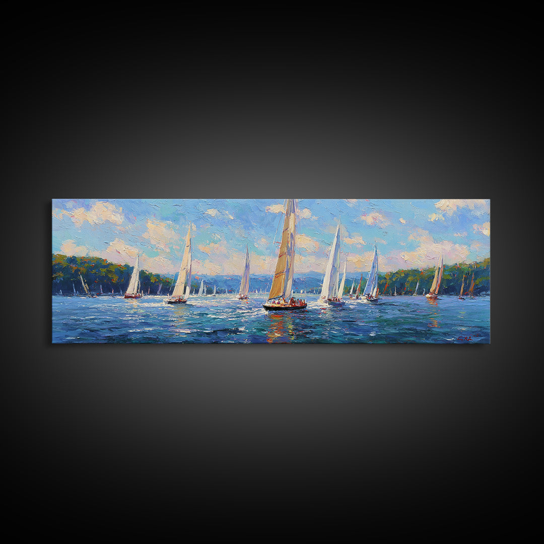 Impressionist Sailboat Regatta Canvas Print, Lake Seascape Wall Art, Nautical Coastal Decor For Living Room And Lake House Decor