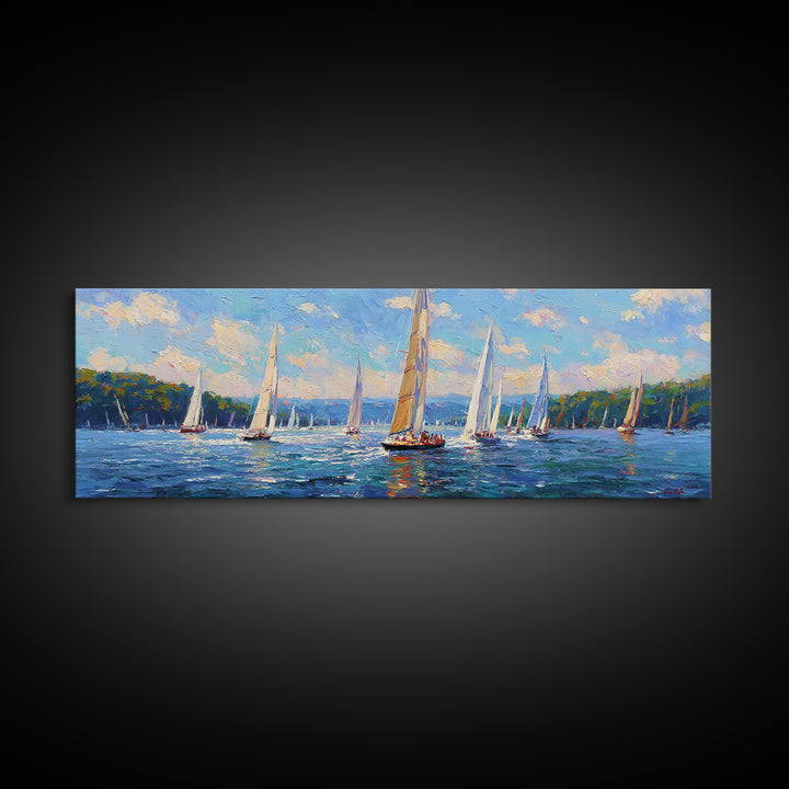 Impressionist Sailboat Regatta Canvas Print, Lake Seascape Wall Art, Nautical Coastal Decor For Living Room And Lake House Decor