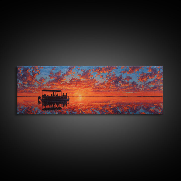 Pontoon Boat On Fiery Sunset Lake Wall Art, Orange Seascape Canvas Print, Nature Decor, Large Landscape Art, Gift For Her