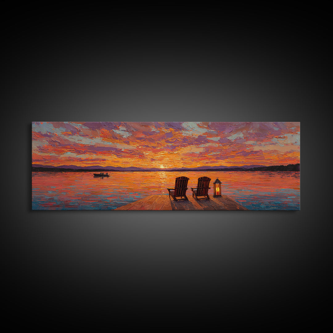 Sunset Dock With Adirondack Chairs Framed Canvas Print, Lake House Wall Art, Colorful Seascape Decor, Romantic Cabin Gift