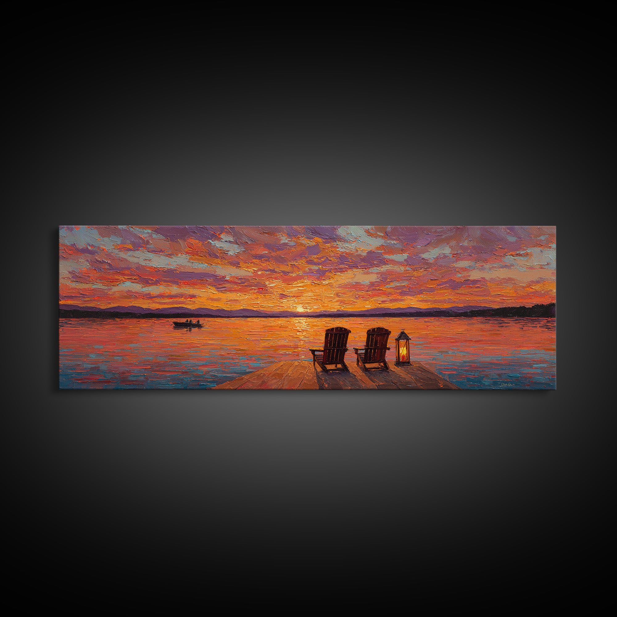 Sunset Dock With Adirondack Chairs Framed Canvas Print, Lake House Wall Art, Colorful Seascape Decor, Romantic Cabin Gift