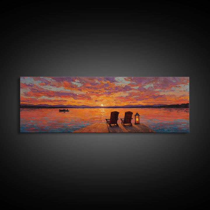 Sunset Dock With Adirondack Chairs Framed Canvas Print, Lake House Wall Art, Colorful Seascape Decor, Romantic Cabin Gift