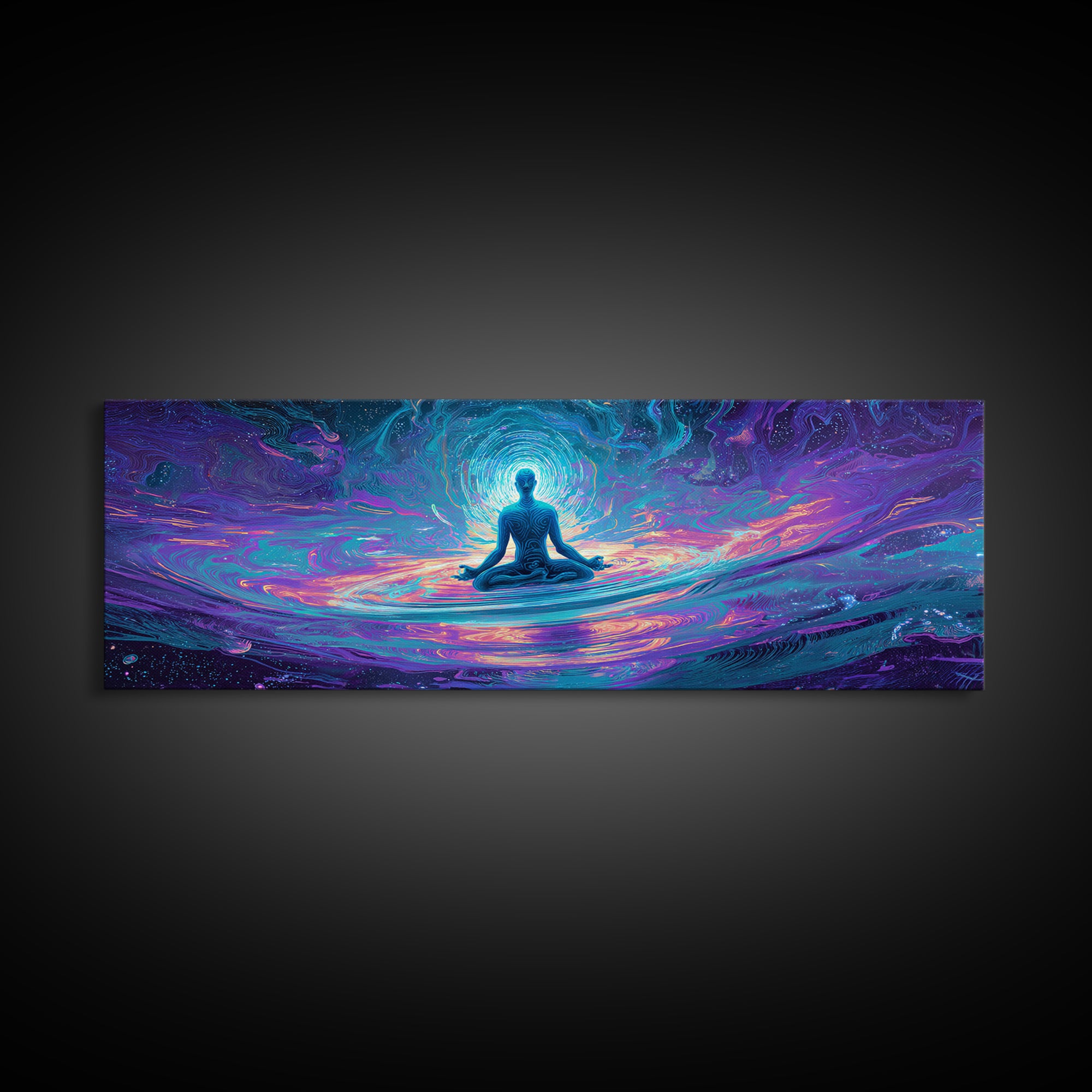Meditating Figure Cosmic Water Wall Art, Spiritual Celestial Canvas Print, Psychedelic Zen Decor For Yoga Studio Or Meditation Room
