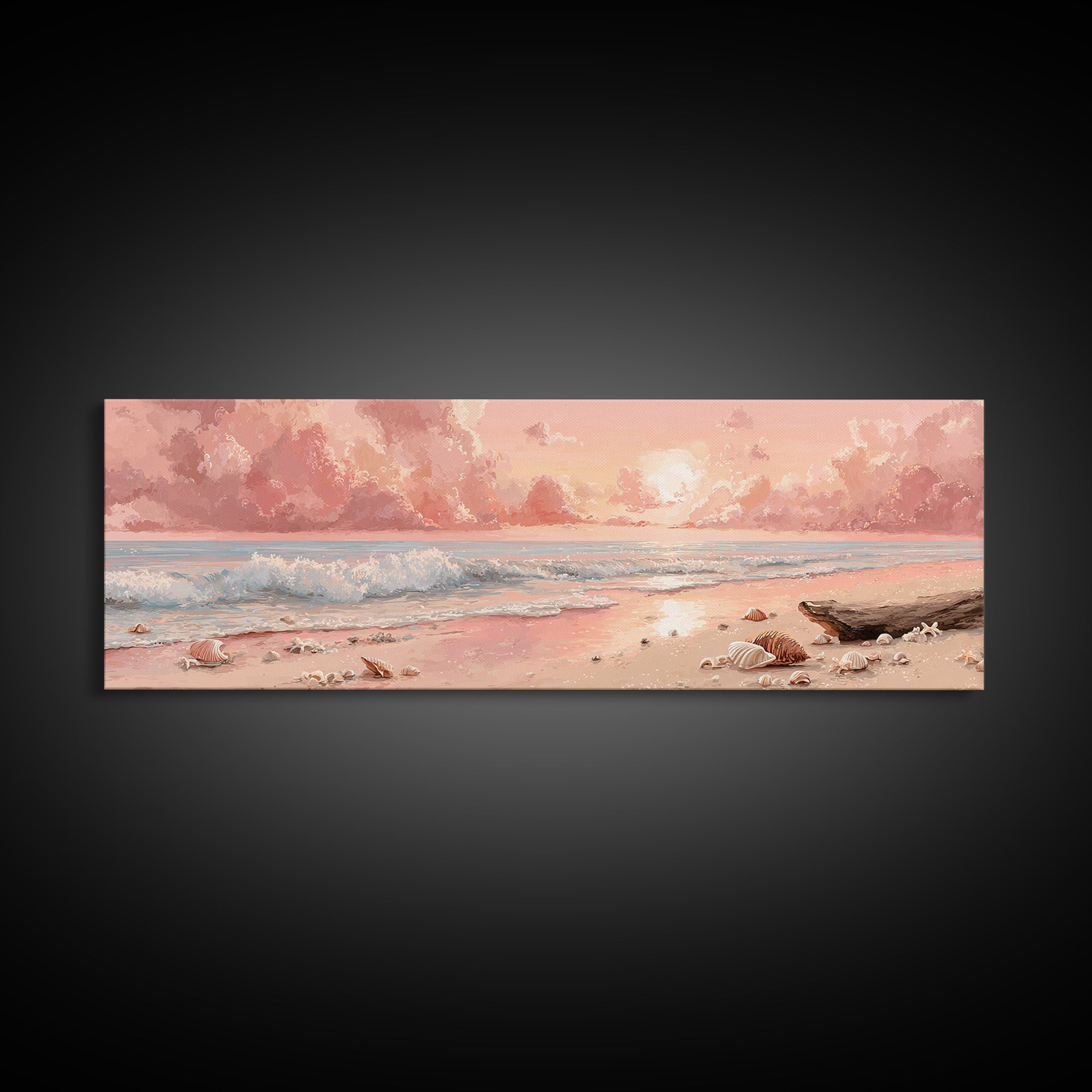 Blush Pink Seashell Beach Sunset Wall Art, Pastel Shore Painting, Coastal Ocean Canvas Decor, Beach House Nursery Decor Gift