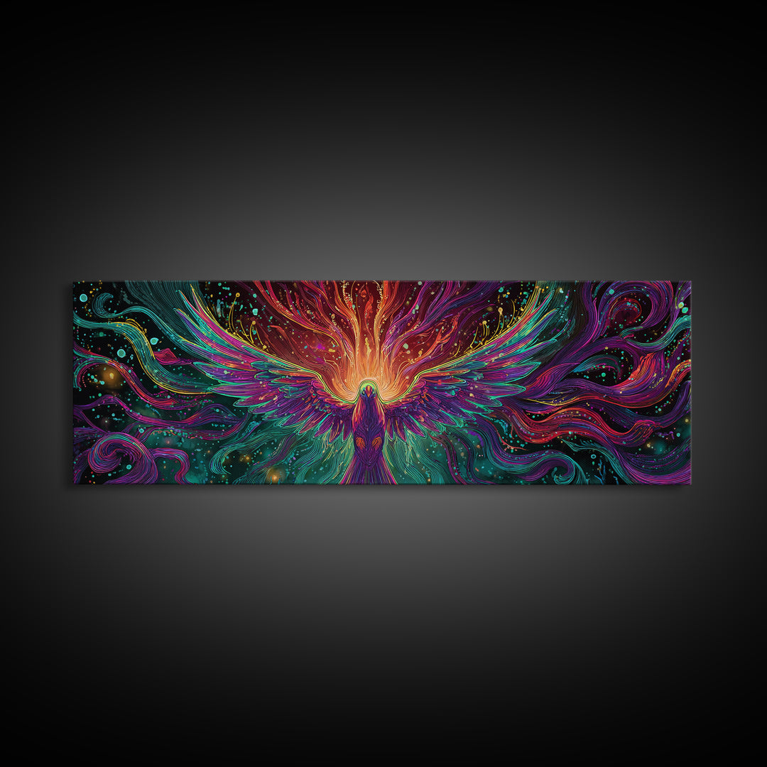 Fiery Rainbow Phoenix Canvas Print, Colorful Fantasy Bird Wall Art, Mythical Creature Decor, Magical Living Room Art, Unique Gift