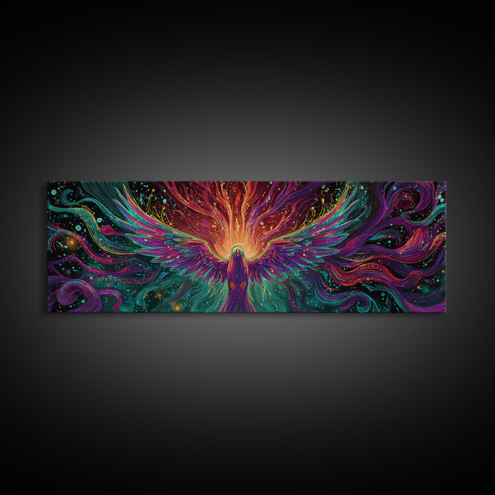 Fiery Rainbow Phoenix Canvas Print, Colorful Fantasy Bird Wall Art, Mythical Creature Decor, Magical Living Room Art, Unique Gift