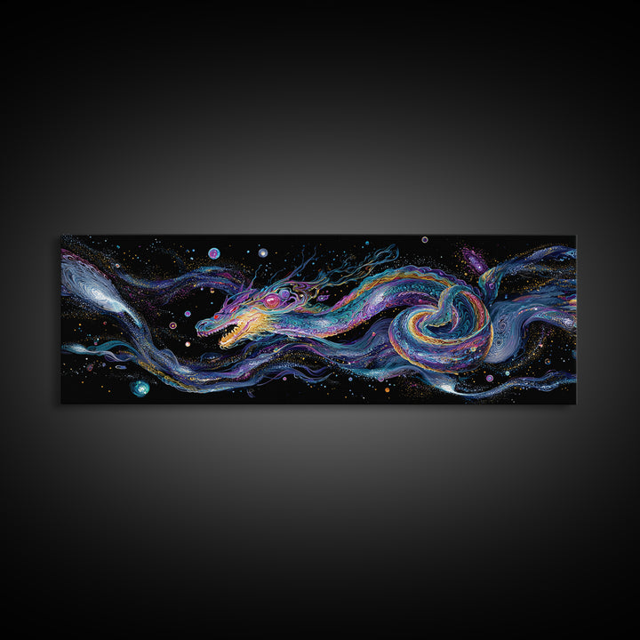 Cosmic Dragon Serpent Swimming Through Galaxies Wall Art, Fantasy Space Canvas Print For Gamer Room Decor And Gift For Him