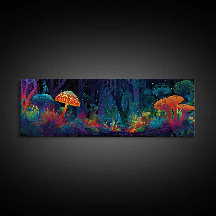 Glowing Mushroom Forest With Neon Woodland Canvas Print, Psychedelic Wall Art For Kids Room Decor And Whimsical Home Decor