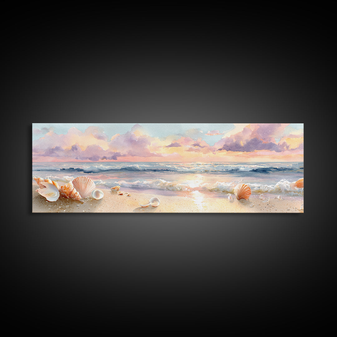 Pastel Seashell Beach Canvas Print, Soft Ocean Wave Shore Painting, Coastal Wall Art, Beach House Bathroom Home Decor Gift