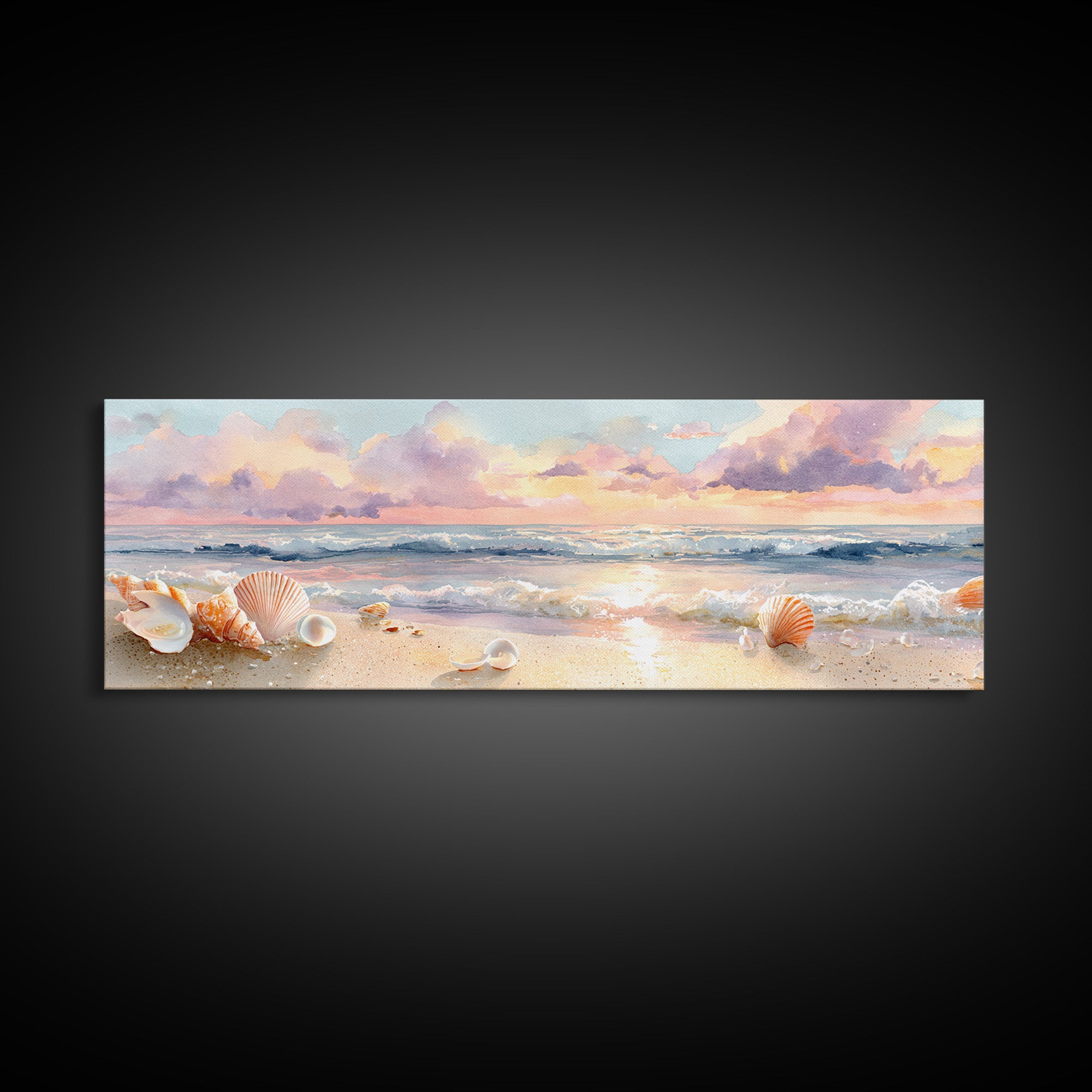 Pastel Seashell Beach Canvas Print, Soft Ocean Wave Shore Painting, Coastal Wall Art, Beach House Bathroom Home Decor Gift