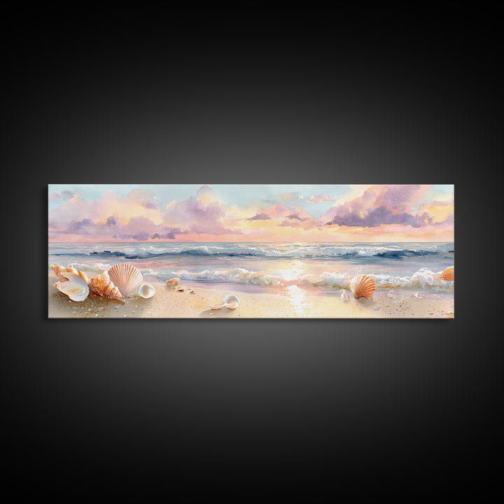 Pastel Seashell Beach Canvas Print, Soft Ocean Wave Shore Painting, Coastal Wall Art, Beach House Bathroom Home Decor Gift
