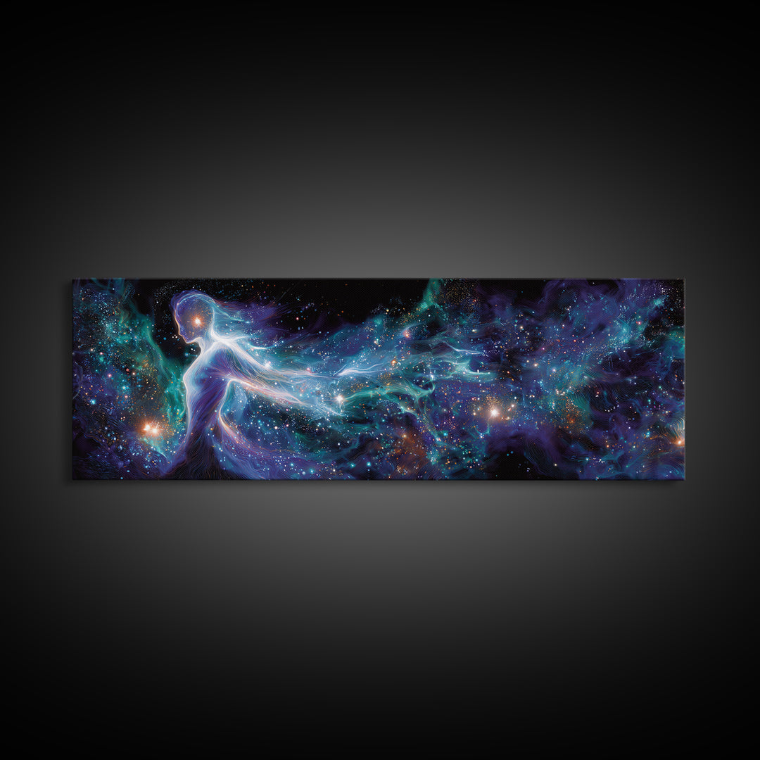 Cosmic Goddess Figure Drifting Through Stars Framed Canvas Print, Celestial Wall Art For Meditation Room Decor And Spiritual Gift