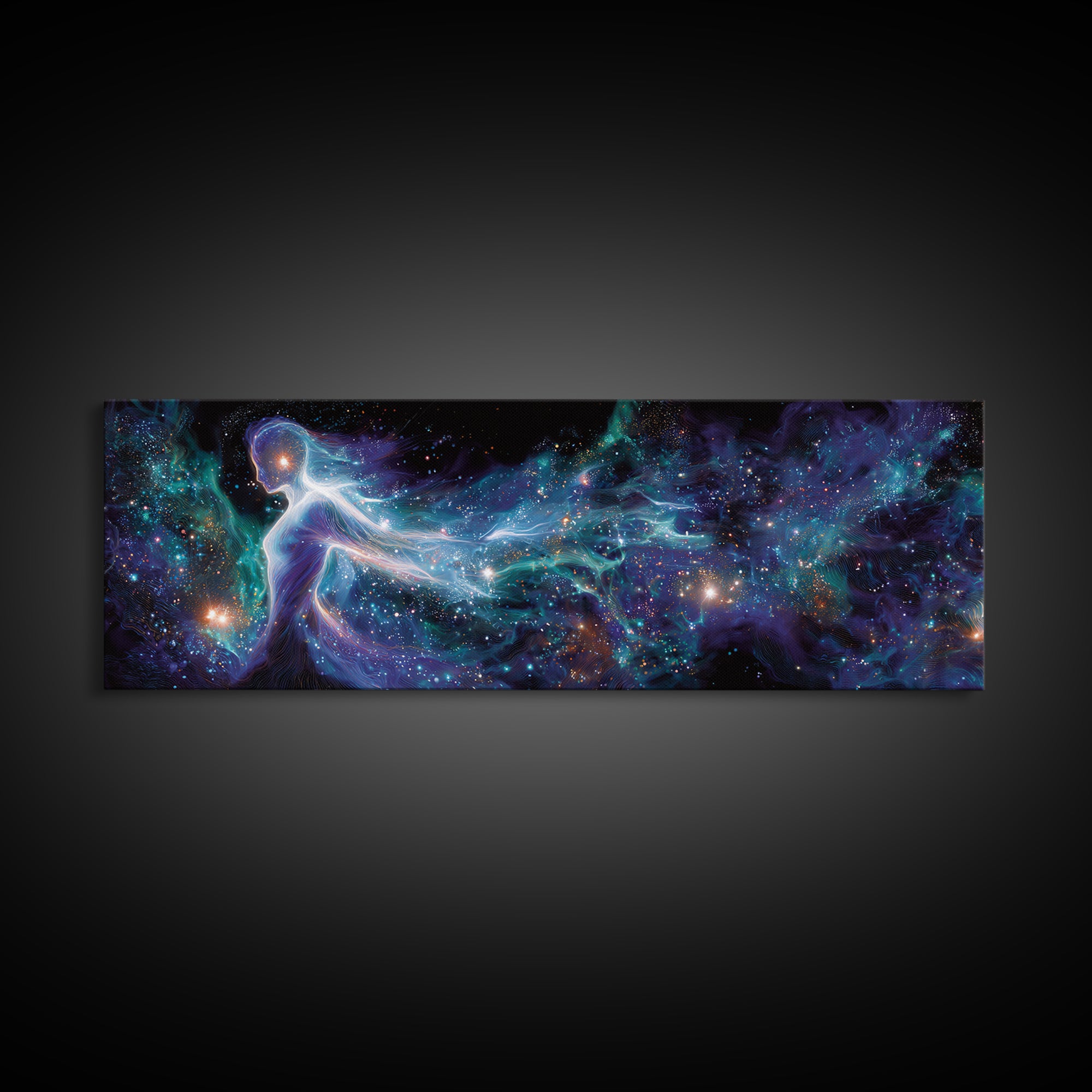 Cosmic Goddess Figure Drifting Through Stars Framed Canvas Print, Celestial Wall Art For Meditation Room Decor And Spiritual Gift