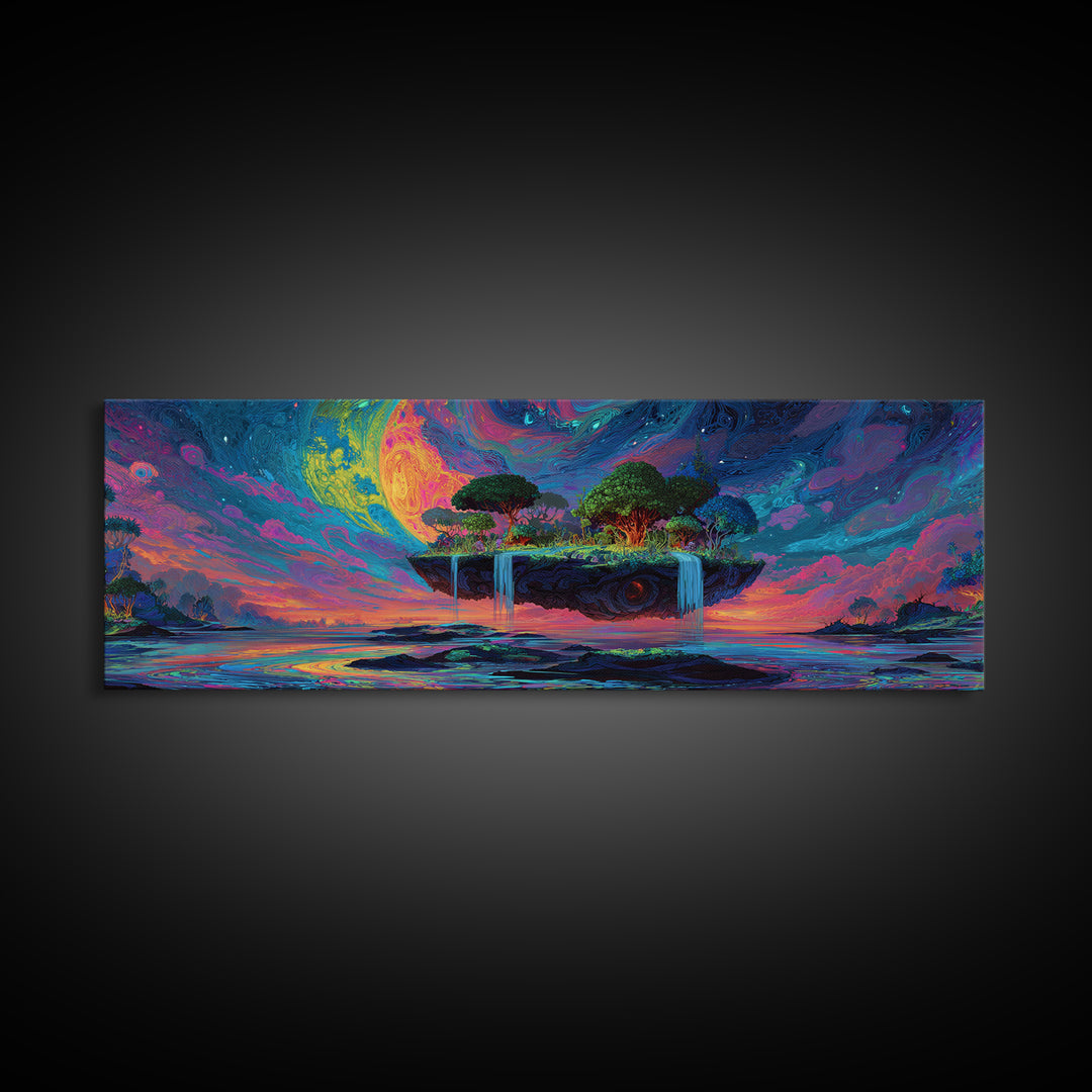 Floating Island Waterfalls Canvas Print, Crescent Moon Fantasy Seascape, Celestial Wall Art For Bedroom Or Living Room Decor