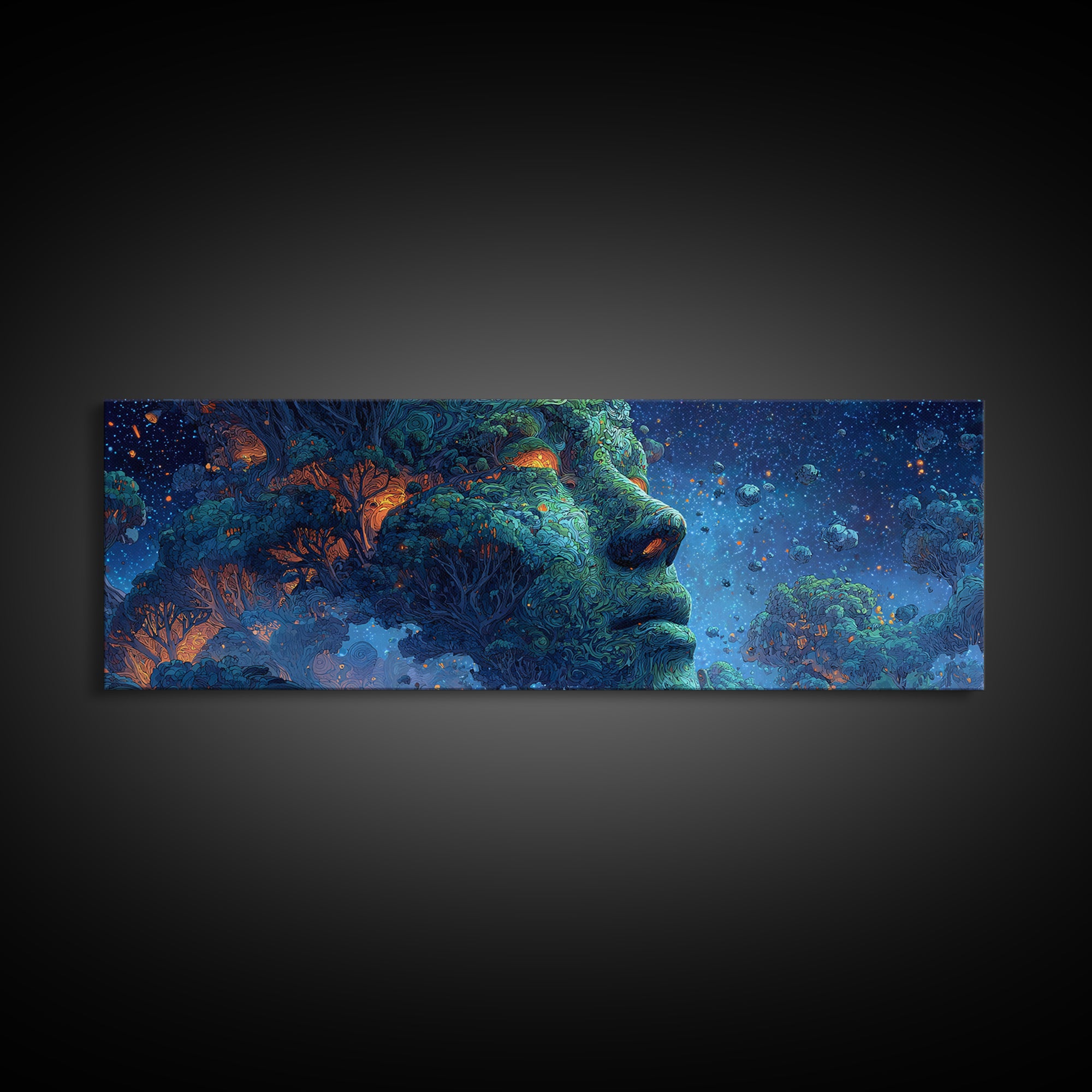 Cosmic Forest Goddess Face Wall Art, Surreal Nature Canvas Print, Mystical Celestial Decor, Psychedelic Large Statement Art