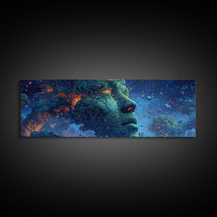 Cosmic Forest Goddess Face Wall Art, Surreal Nature Canvas Print, Mystical Celestial Decor, Psychedelic Large Statement Art