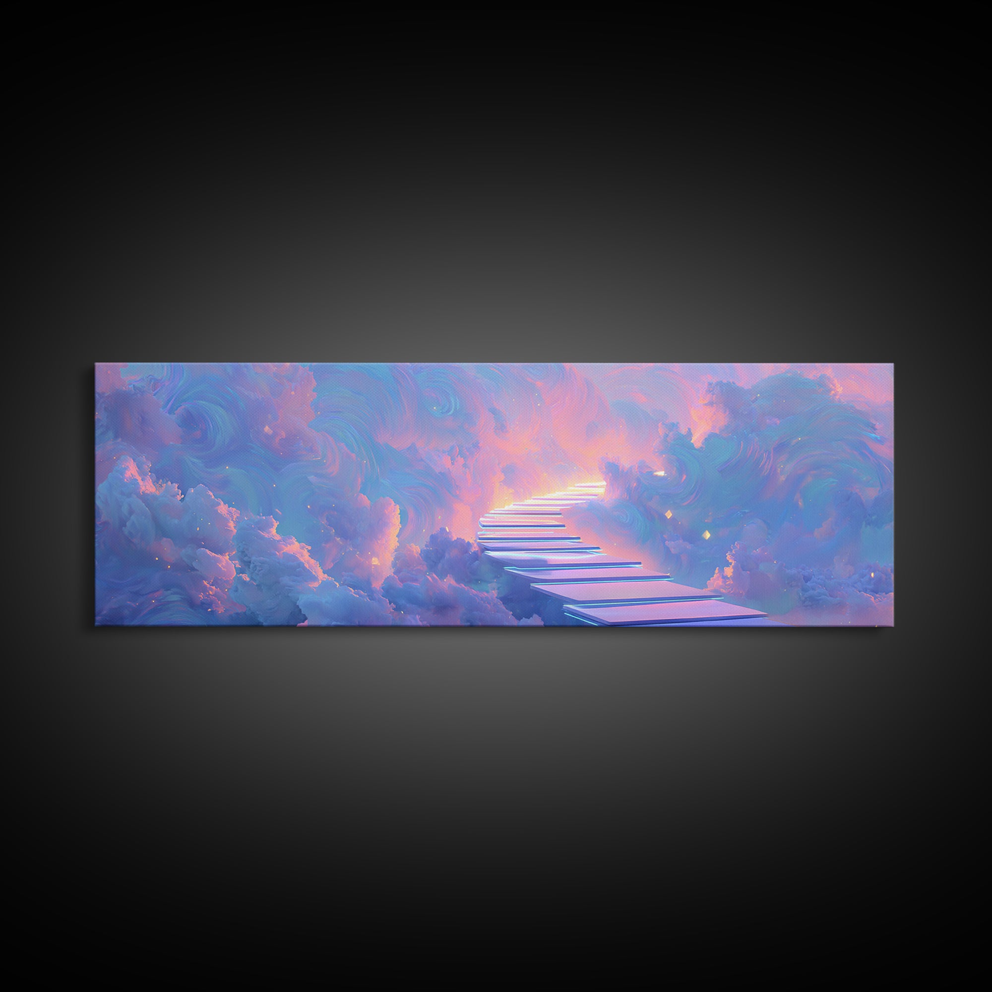 Pastel Stairway To Heaven Framed Canvas Print, Dreamy Cloudscape Wall Art, Fantasy Celestial Bedroom Decor, Gift For Her
