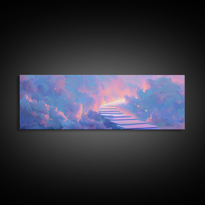 Pastel Stairway To Heaven Framed Canvas Print, Dreamy Cloudscape Wall Art, Fantasy Celestial Bedroom Decor, Gift For Her