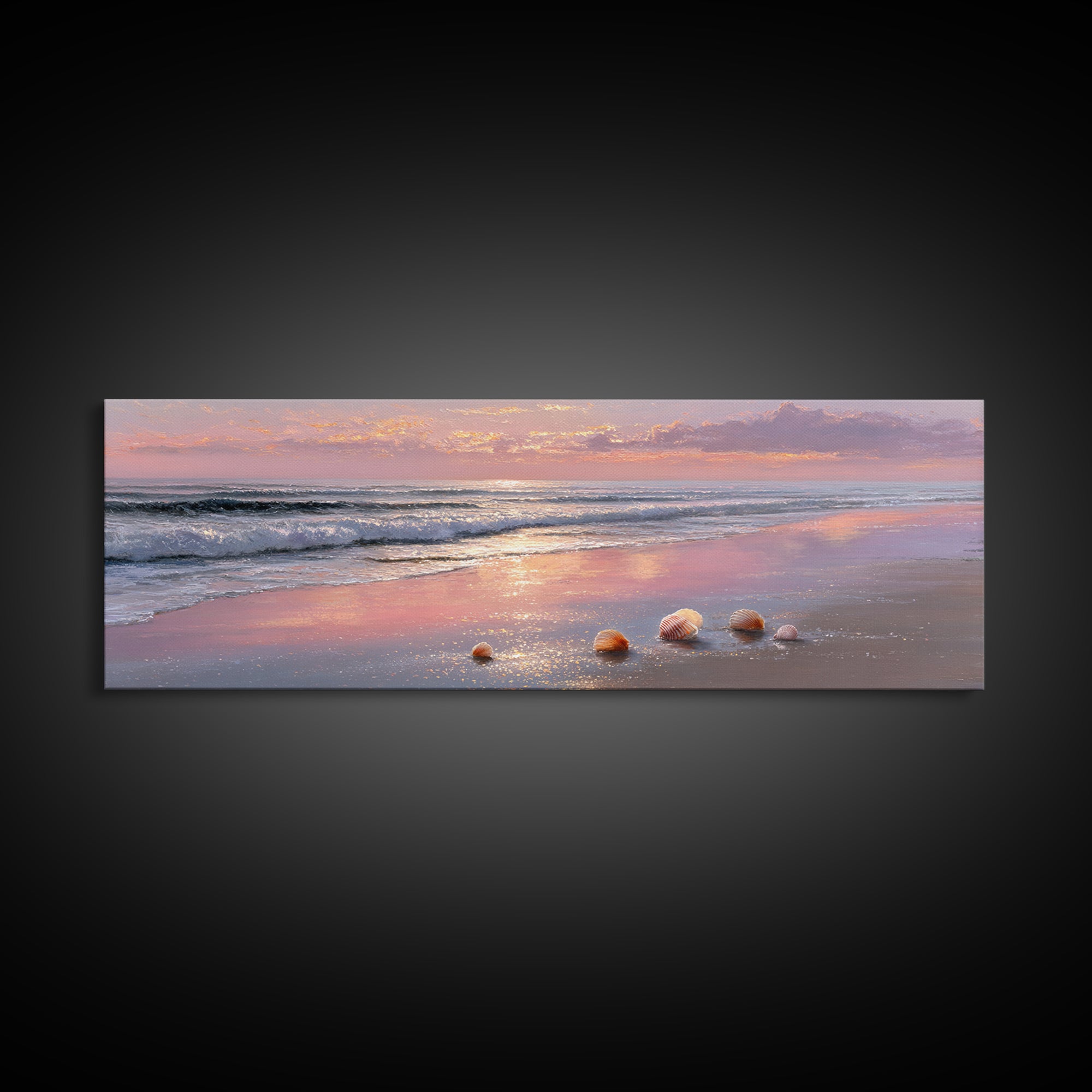 Sunset Ocean Shells Framed Canvas Print, Shimmering Beach Seascape, Coastal Wall Art For Bedroom And Beach House Decor Gift