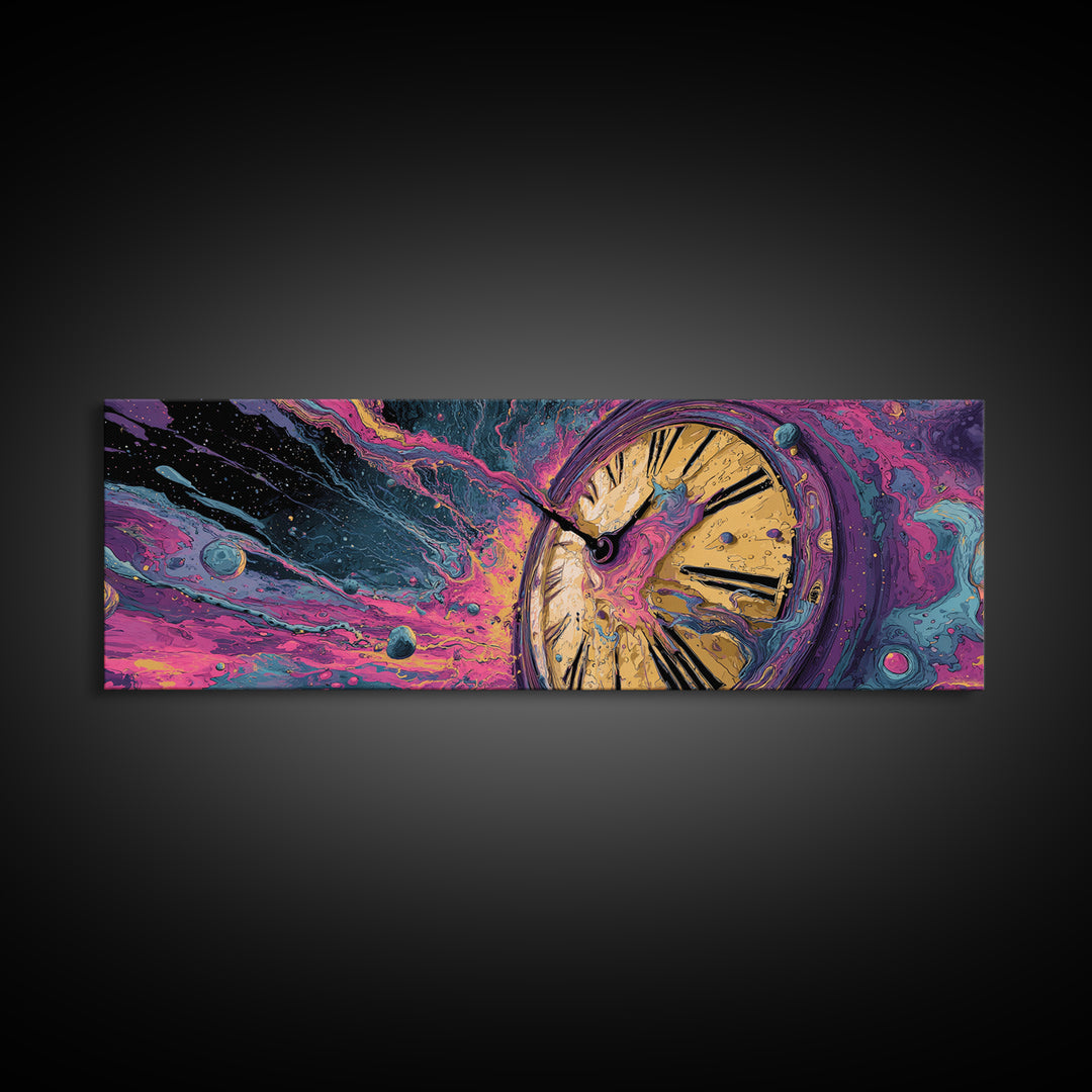 Melting Clock In Cosmic Space Wall Art, Surreal Time Travel Canvas, Psychedelic Galaxy Decor, Modern Abstract Art Print, Unique Gift