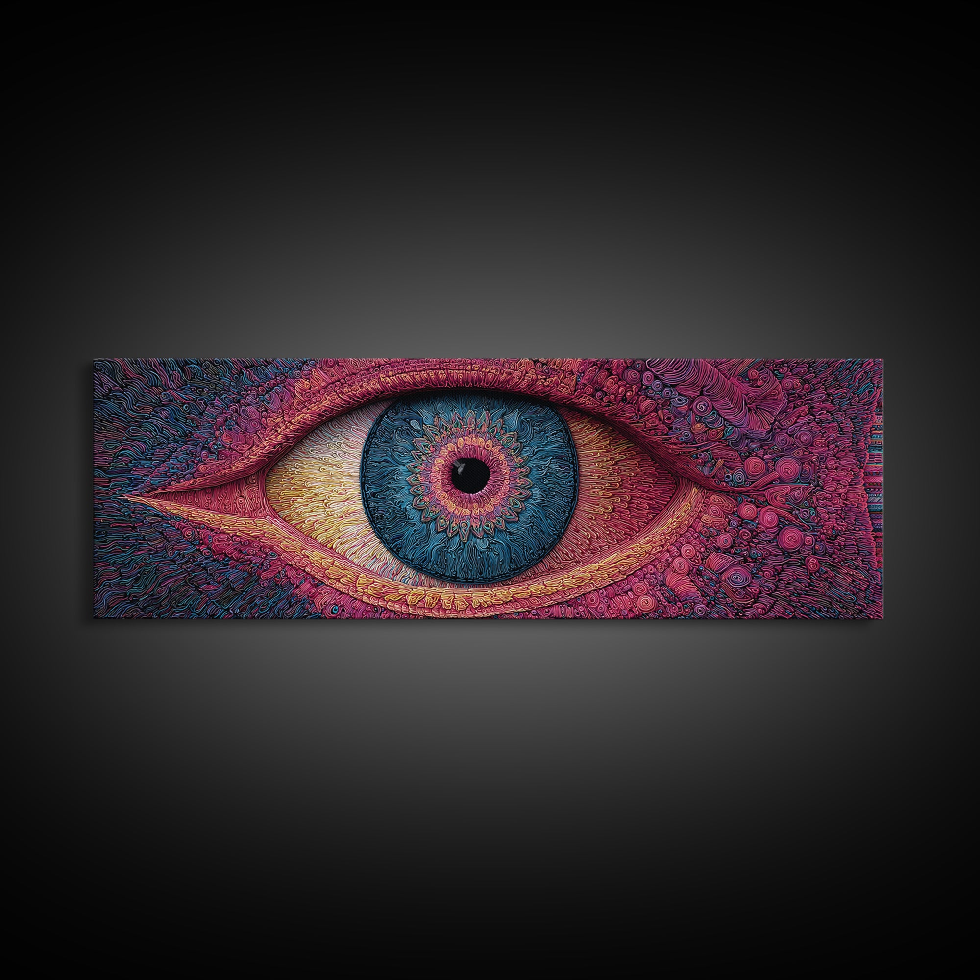 Psychedelic Blue Eye With Magenta Texture Wall Art, Surreal Canvas Print For Trippy Room Decor And Modern Statement Artwork