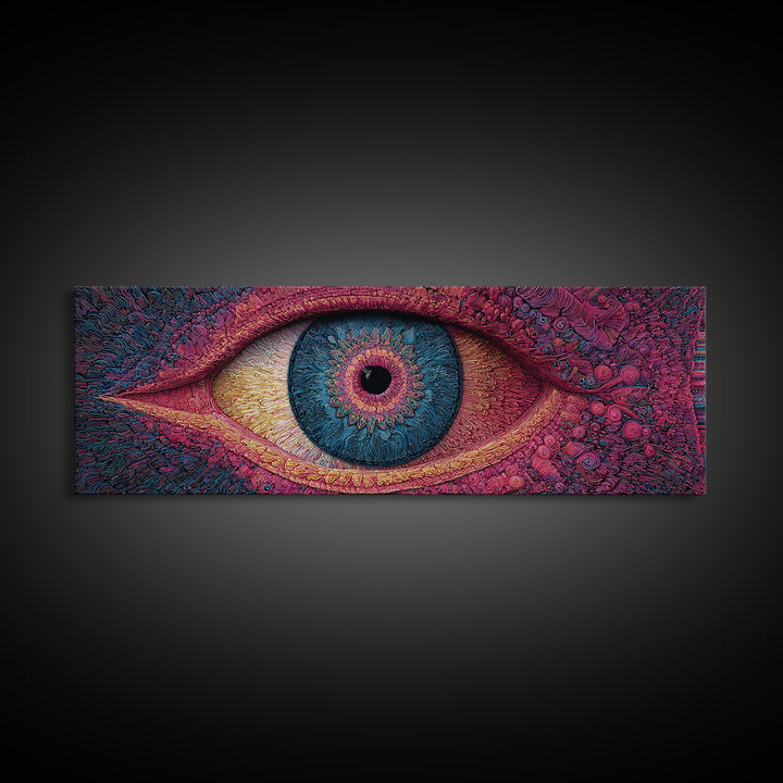 Psychedelic Blue Eye With Magenta Texture Wall Art, Surreal Canvas Print For Trippy Room Decor And Modern Statement Artwork
