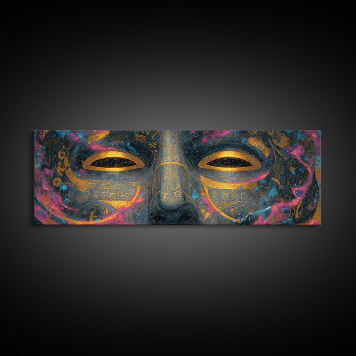 Ornate Cosmic Golden Mask Wall Art, Egyptian Mystical Face, Celestial Decor, Luxury Home Decor, Statement Artwork Gift For Her