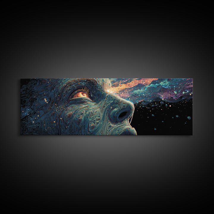 Cosmic Wolf Portrait With Galaxy Eye Wall Art, Large Panoramic Psychedelic Animal Canvas, Space Decor, Celestial Gift For Him