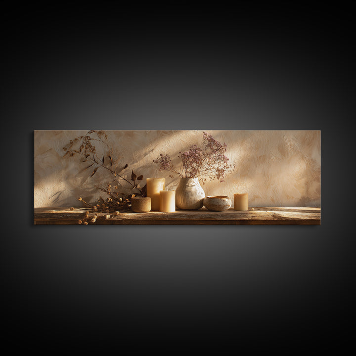 Neutral Candle Still Life Wall Art, Rustic Vase And Dried Botanical Painting, Wabi Sabi Minimalist Earth Tone Home Decor Gift