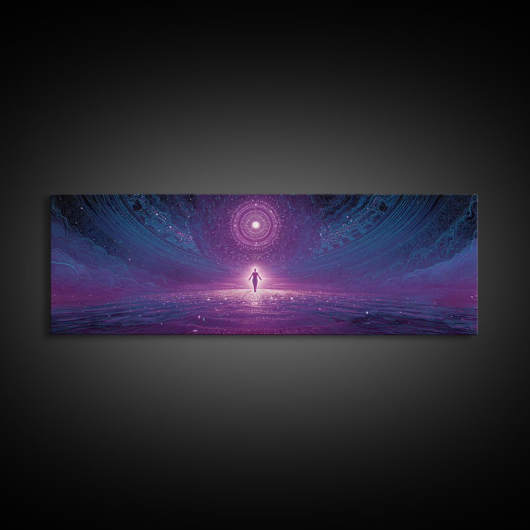 Cosmic Figure Before Celestial Portal Wall Art, Surreal Space Canvas Print, Mystical Purple Meditation Room Decor Gift For Her