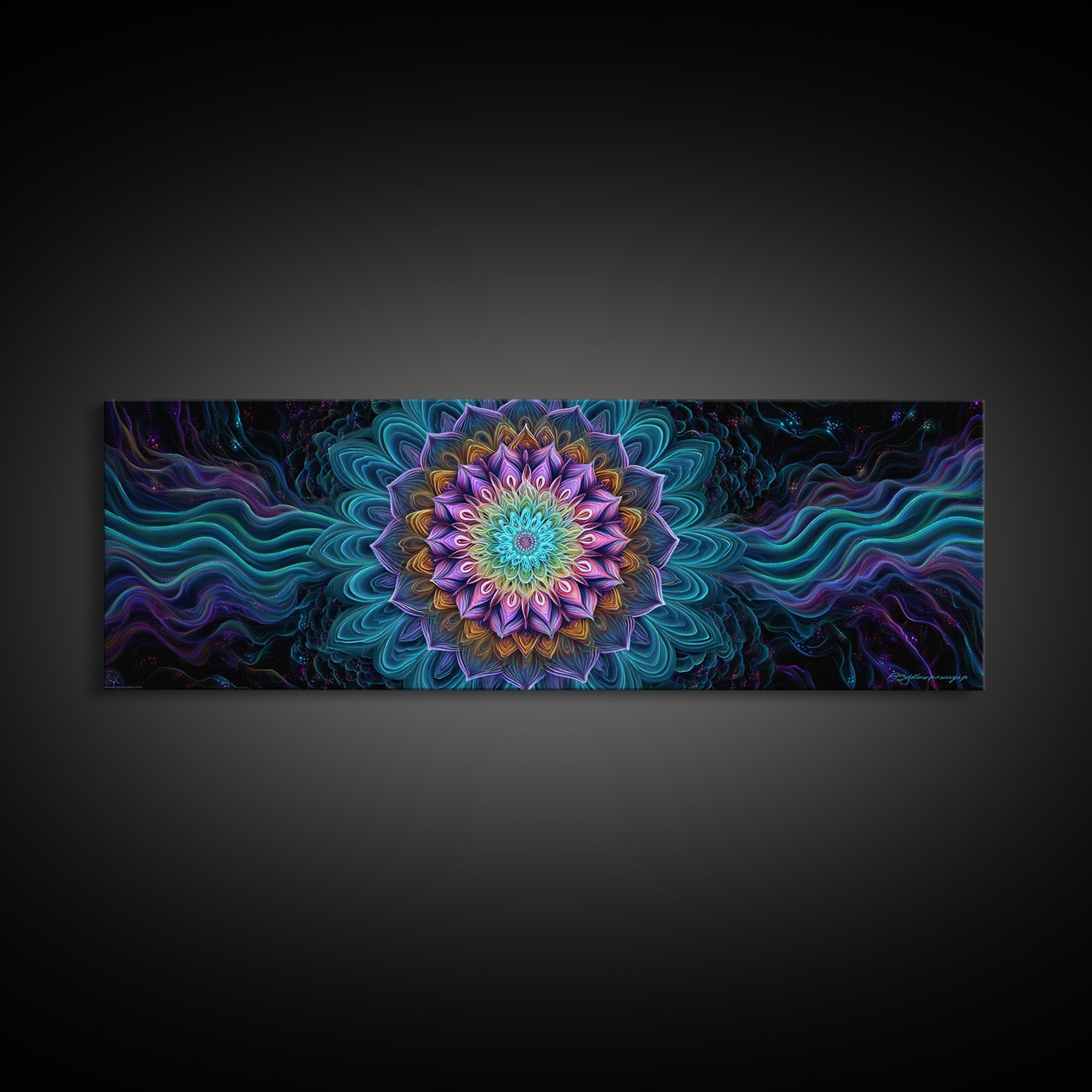 Teal Purple Fractal Mandala Flower Framed Canvas Print, Psychedelic Spiritual Wall Art For Yoga Studio And Meditation Decor