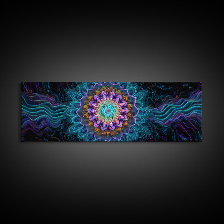 Teal Purple Fractal Mandala Flower Framed Canvas Print, Psychedelic Spiritual Wall Art For Yoga Studio And Meditation Decor