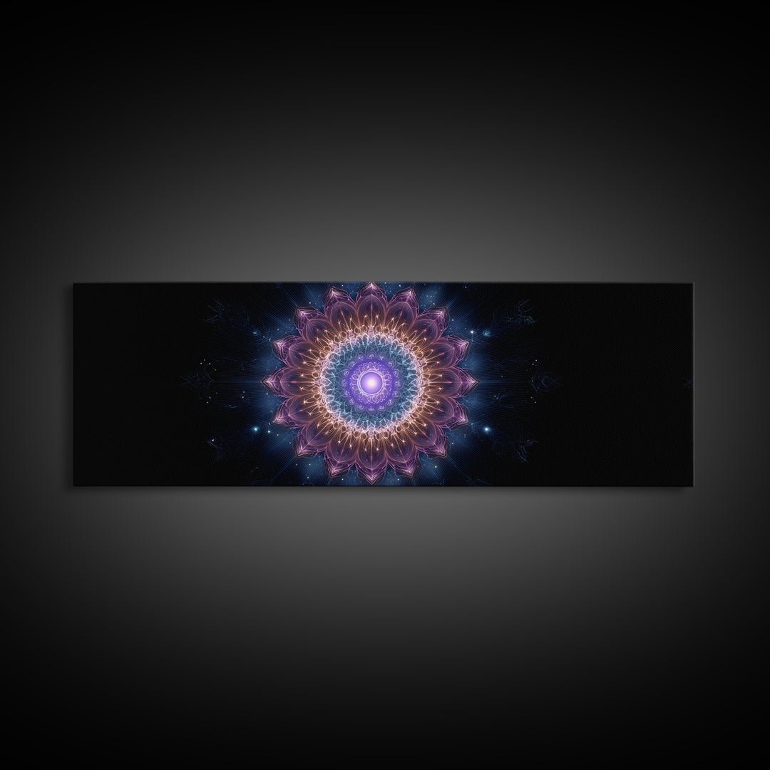Glowing Purple Mandala Cosmic Wall Art, Celestial Abstract Canvas Print, Spiritual Decor, Meditation Room Art Gift For Her