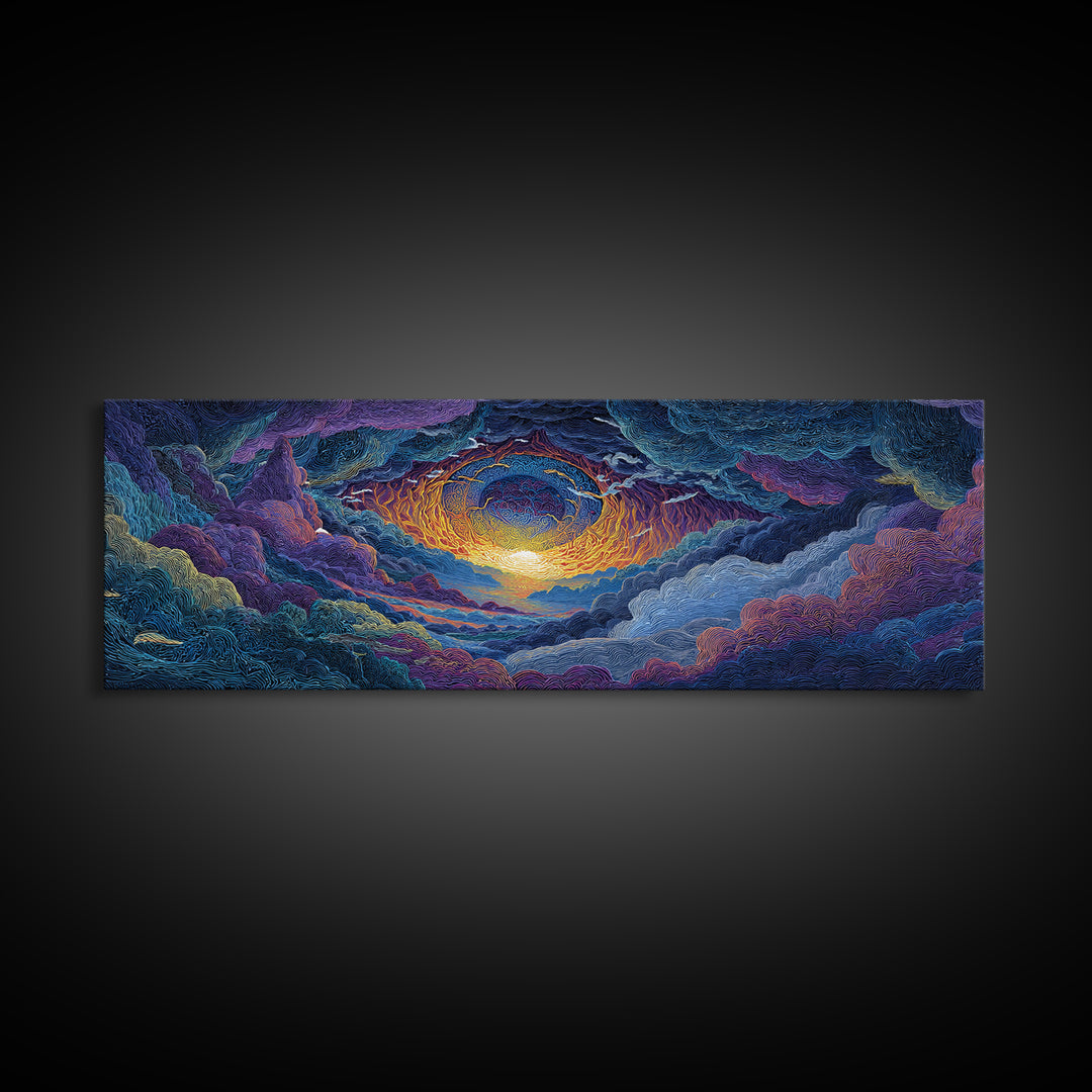Textured Celestial Eye Sunset Wall Art, Cosmic Abstract Landscape Canvas, Colorful Spiritual Decor, Large Statement Art Print