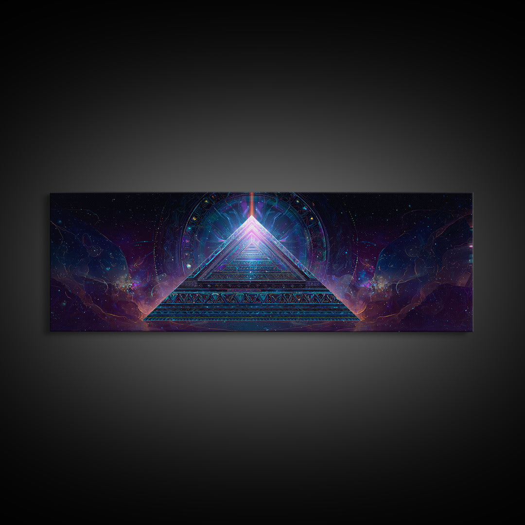 Glowing Sacred Geometry Pyramid Framed Canvas Print, Cosmic Spiritual Wall Art For Meditation Room And Modern Office Decor
