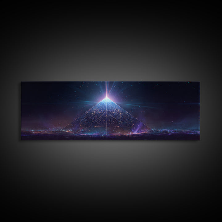 Glowing Cosmic Pyramid Wall Art, Futuristic Celestial Space Print, Mystical Sacred Geometry Decor, Framed Canvas Print For Office Decor