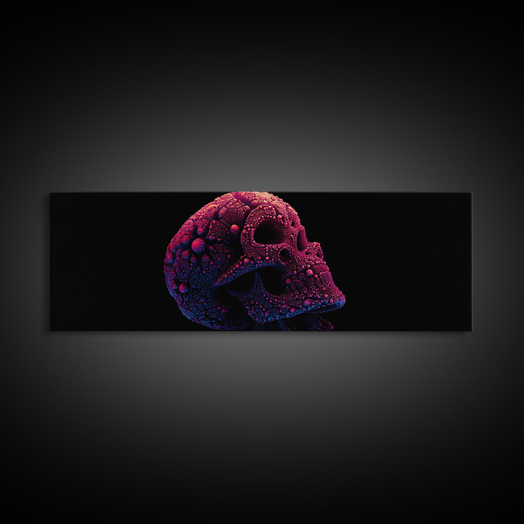 Neon Fractal Skull Canvas Print, Gothic Dark Art Wall Art, Psychedelic Horror Decor, Edgy Man Cave Statement Artwork, Gift For Him
