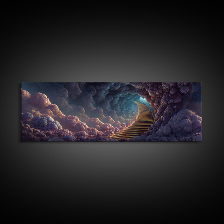 Moody Cloud Stairway Framed Canvas Print, Fantasy Heaven Wall Art, Dreamy Celestial Landscape, Calming Bedroom Wall Decor