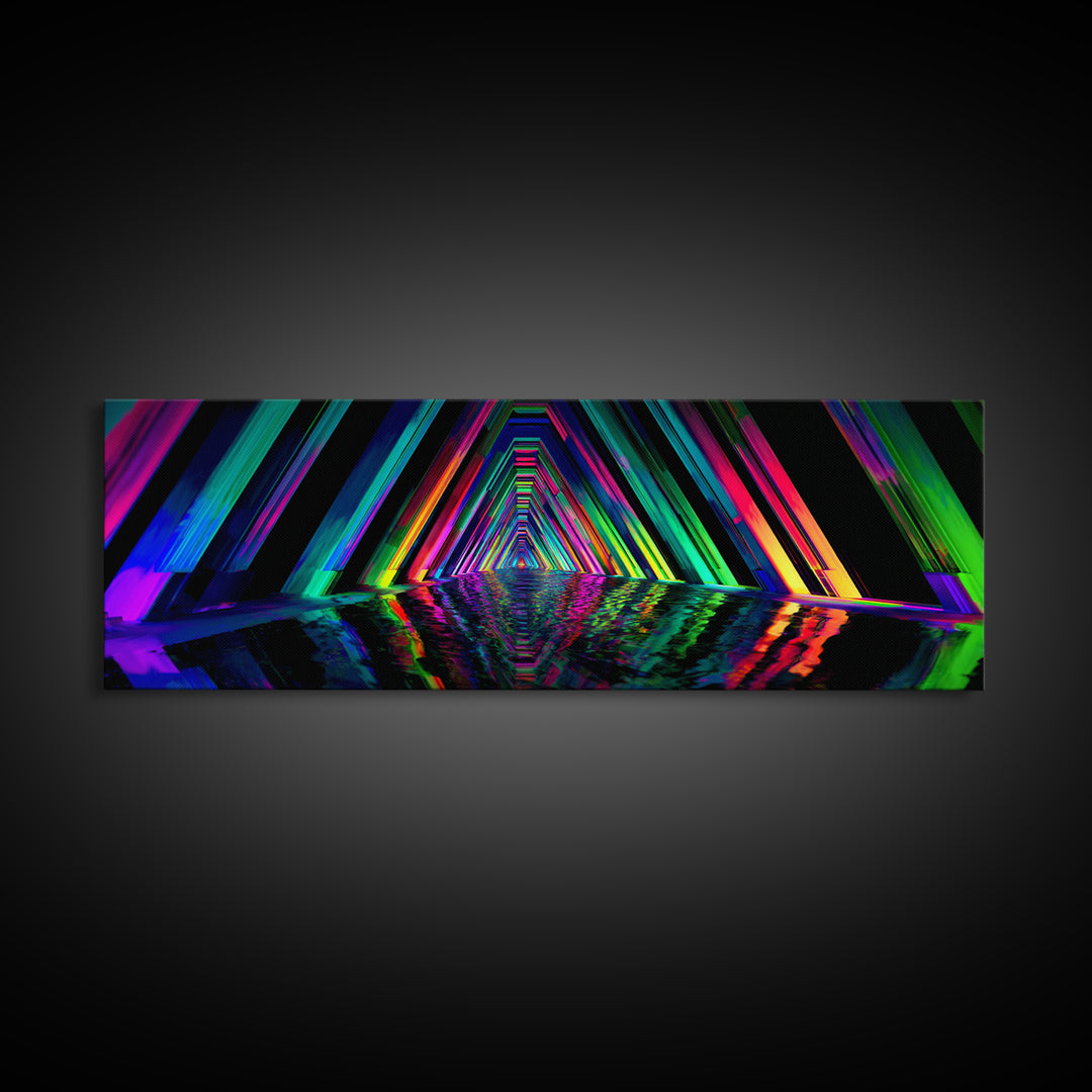 Neon Geometric Tunnel Reflection Canvas Print, Cyberpunk Wall Art, Futuristic Abstract Art, Gaming Room Decor, Vaporwave Poster