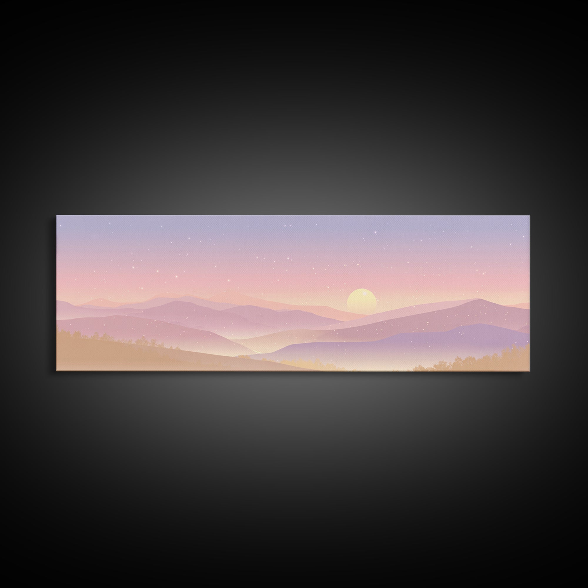 Pastel Mountain Moon Wall Art, Minimalist Sunset Landscape, Celestial Nursery Print, Calming Soft Pink Bedroom Home Decor Gift