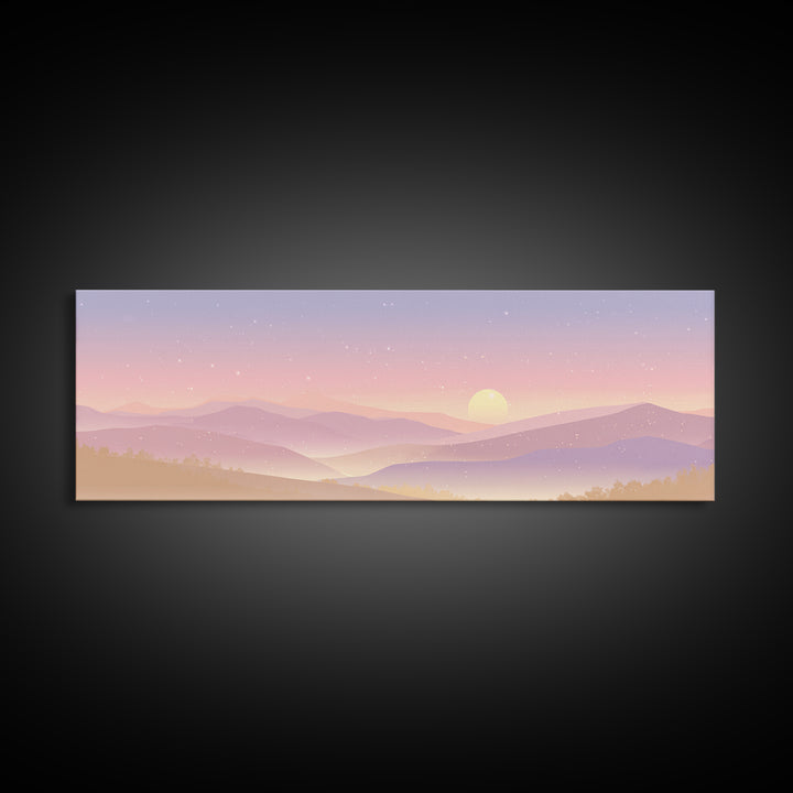 Pastel Mountain Moon Wall Art, Minimalist Sunset Landscape, Celestial Nursery Print, Calming Soft Pink Bedroom Home Decor Gift