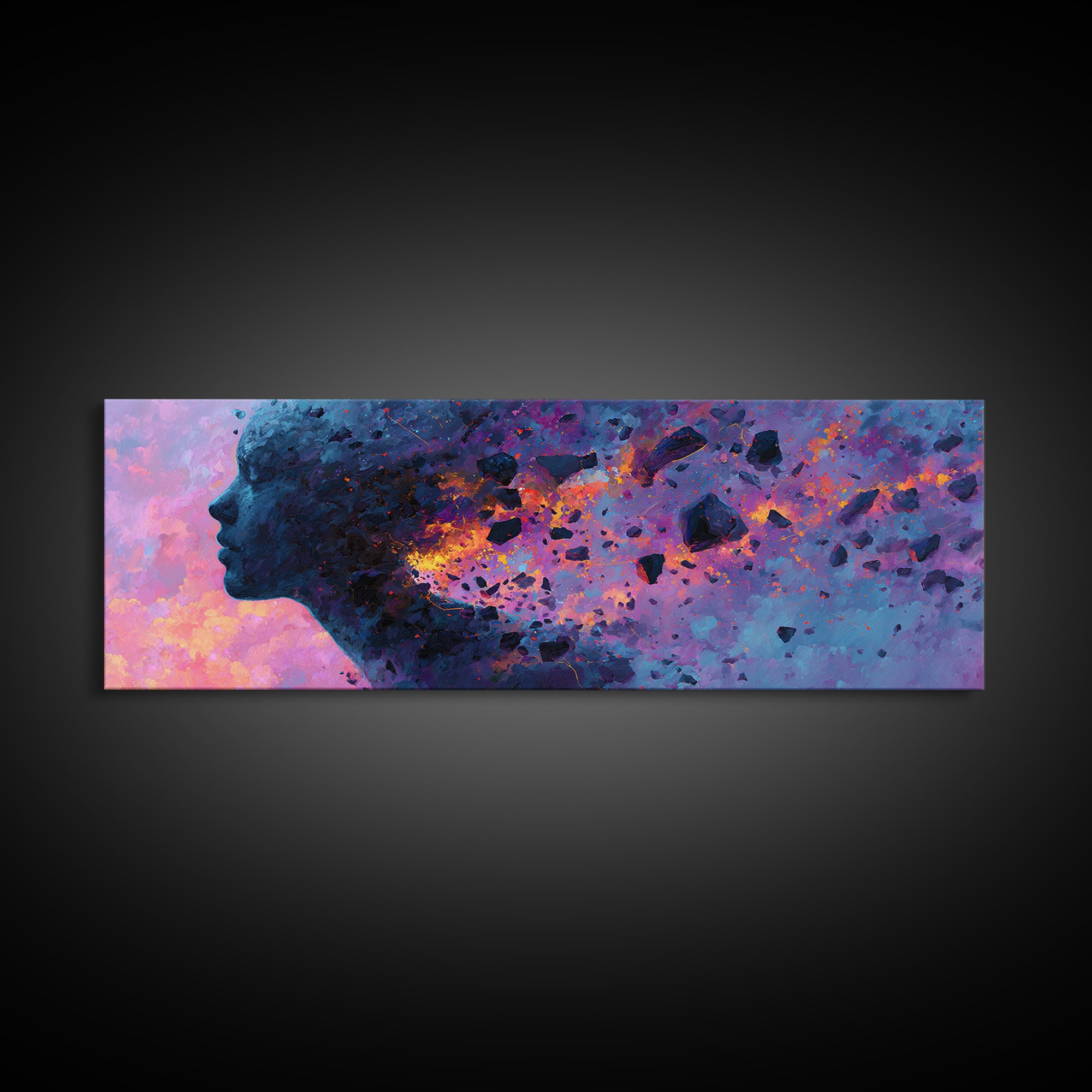 Cosmic Woman Profile Dissolving Into Stars Canvas Print, Surreal Feminine Wall Art For Bedroom Decor And Modern Office Decor